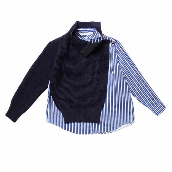 Navy Blue Stripe Asymmetrical Sweater Top - Picture 4 of 6